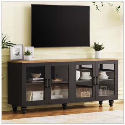 Meuble télé Farmhouse avec portes en verre trempé pour téléviseur de 70 po ou moins, buffet polyvalent avec tablettes réglables, armoire élégante avec 5 pieds en bois massif en forme de gourde pour le salon