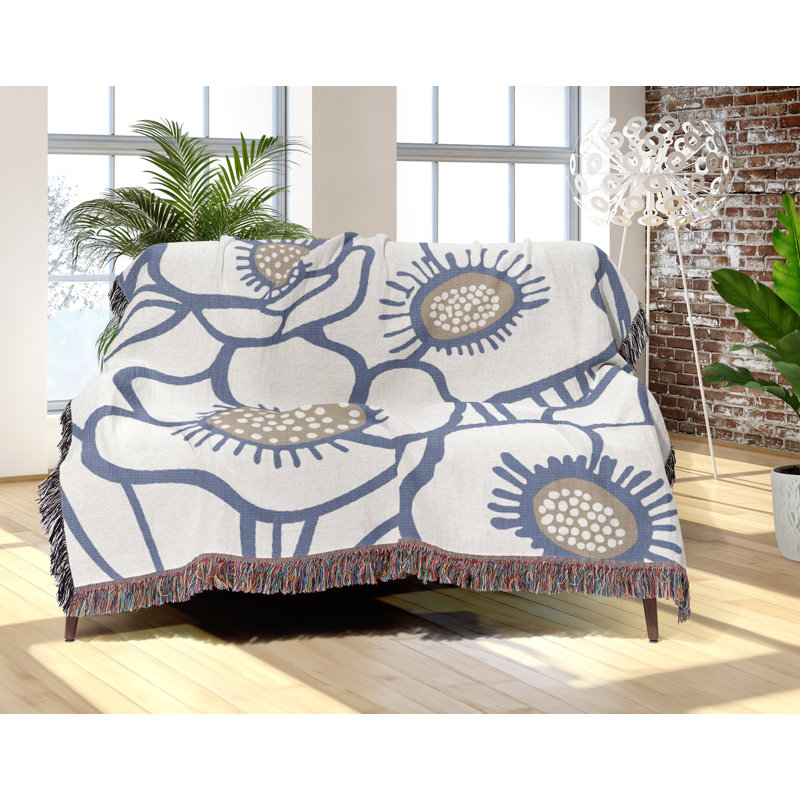 Jeté floral en coton, 50 x 70, Bleu pâle