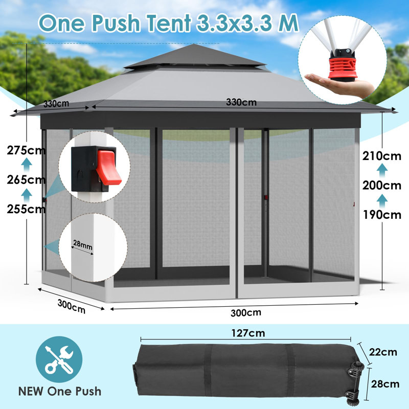 Gazebo With 4 Mosquito Net Side Panels, One Push Folding Gazebo Waterproof Stable, Double Roof Party Tent Uv Protection 50+, Garden Gazebo 4 Sandbags, For Patio/Market/Camping