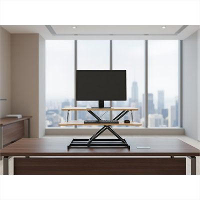 Convertisseur de bureau debout classique en panneau de fibres à densité moyenne noir avec plateau pour clavier double