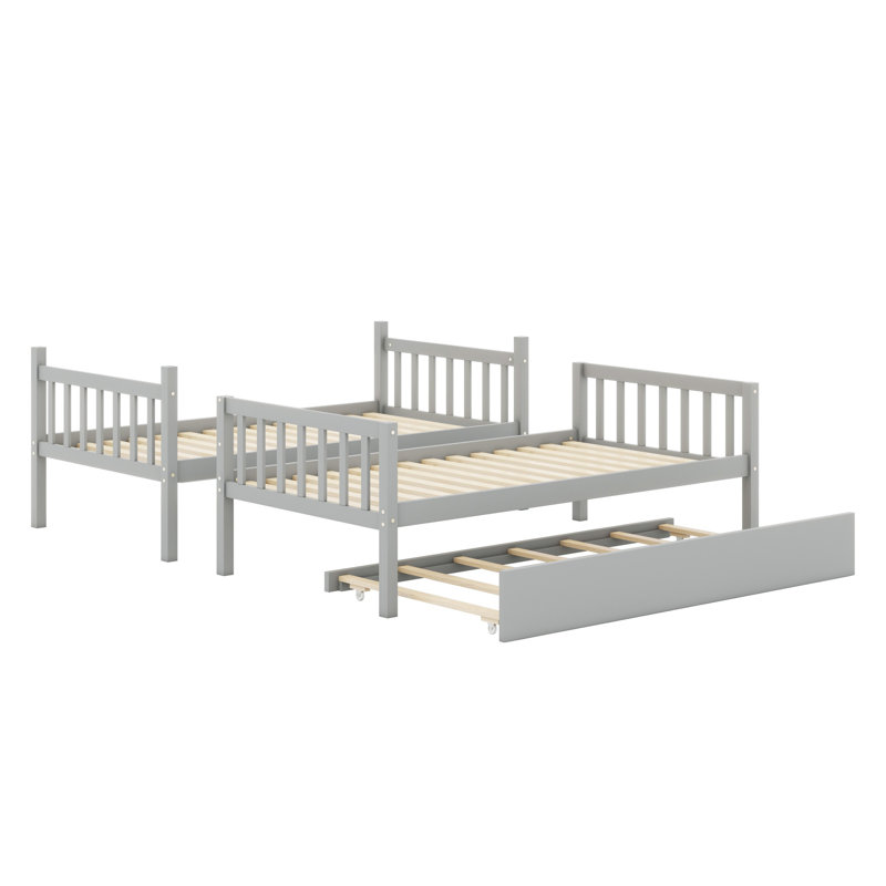 Space-Saving Wooden Bunk Bed With Trundle And Detachable Two Beds, Gray