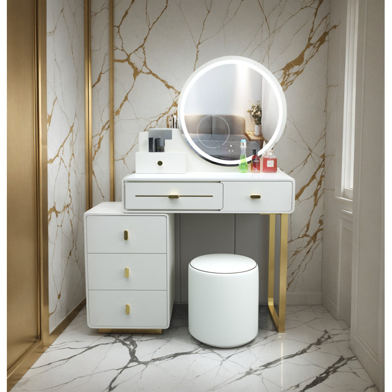Luxury Led Vanity Table With Storage & Gold Accents – Modern Makeup Desk With Mirror & Stool Hannah Vanity With Mirror And Stool