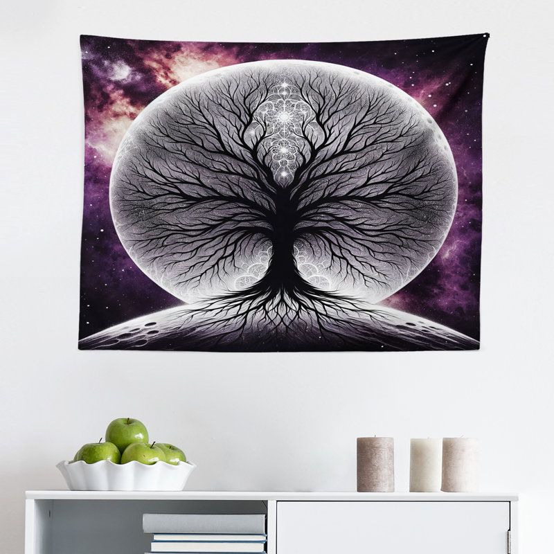 Ebern Designs Purple Wall Hanging Tapestry Leafless Tree and Full Moon Dimgray and Plum, H 23 po x l 28 po