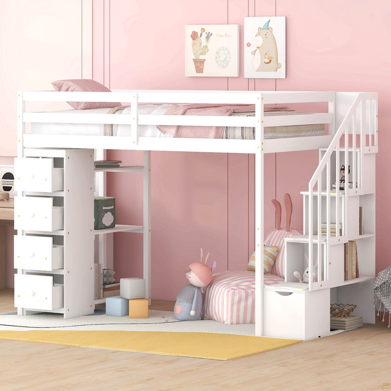 Lit mezzanine simple avec tiroirs et tiroirs de rangement, lit mezzanine en bois avec tablettes