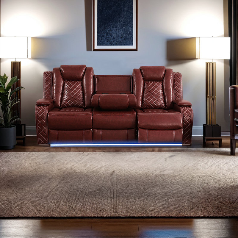 Reiya 83'' Faux Leather Reclining wine red Loveseat ,with wireless charging station, cup holders, Brown Faux Leather
