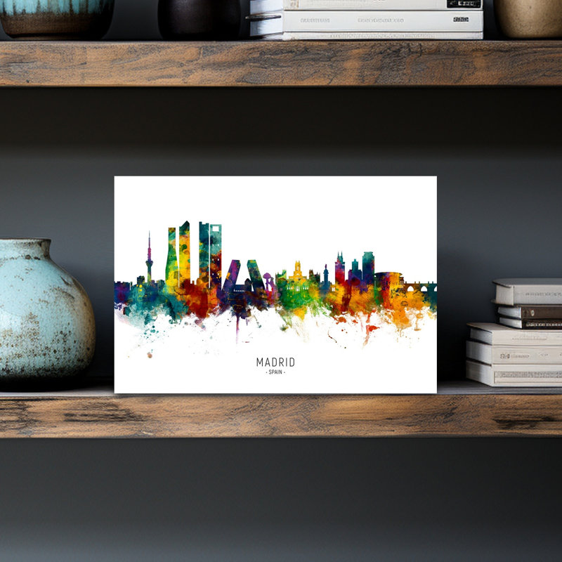 «Vibrant Madrid Skyline», art contemporain urbain, H 12 po x l 18 po