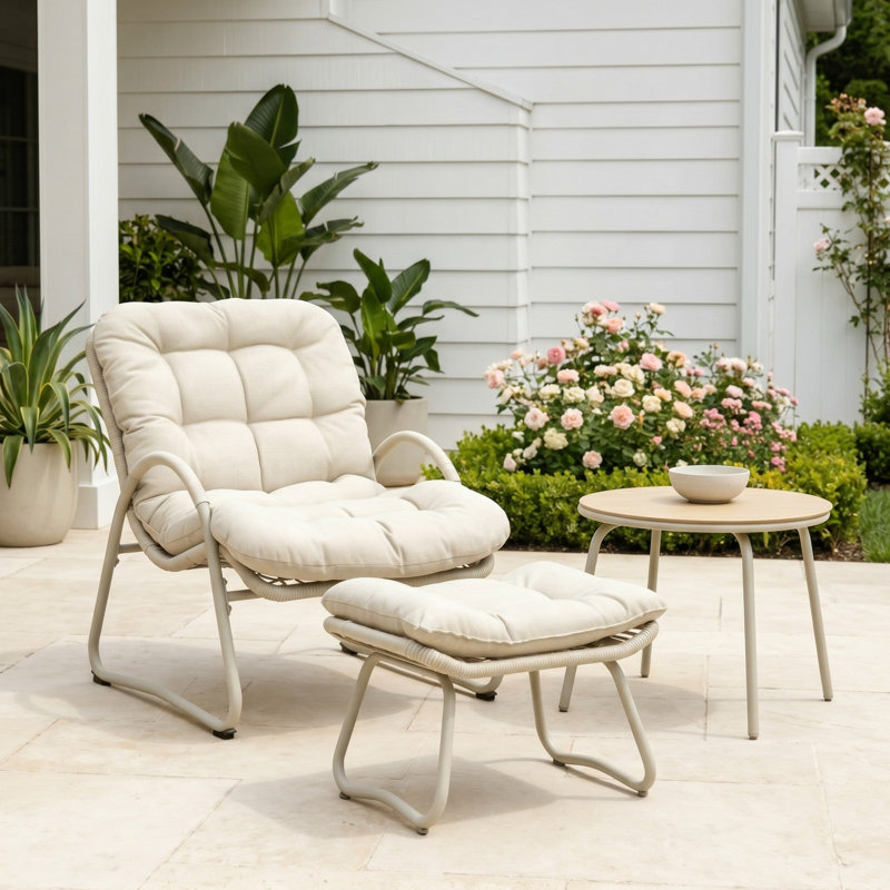 Ensemble de chaises longues en corde tissée 3 pièces avec repose-pieds et table d'appoint