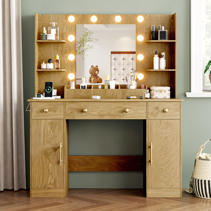 43.7"W Farmhouse Makeup Vanity Desk with Lighted Mirror and Power Outlet, 3 Drawers, Yellow