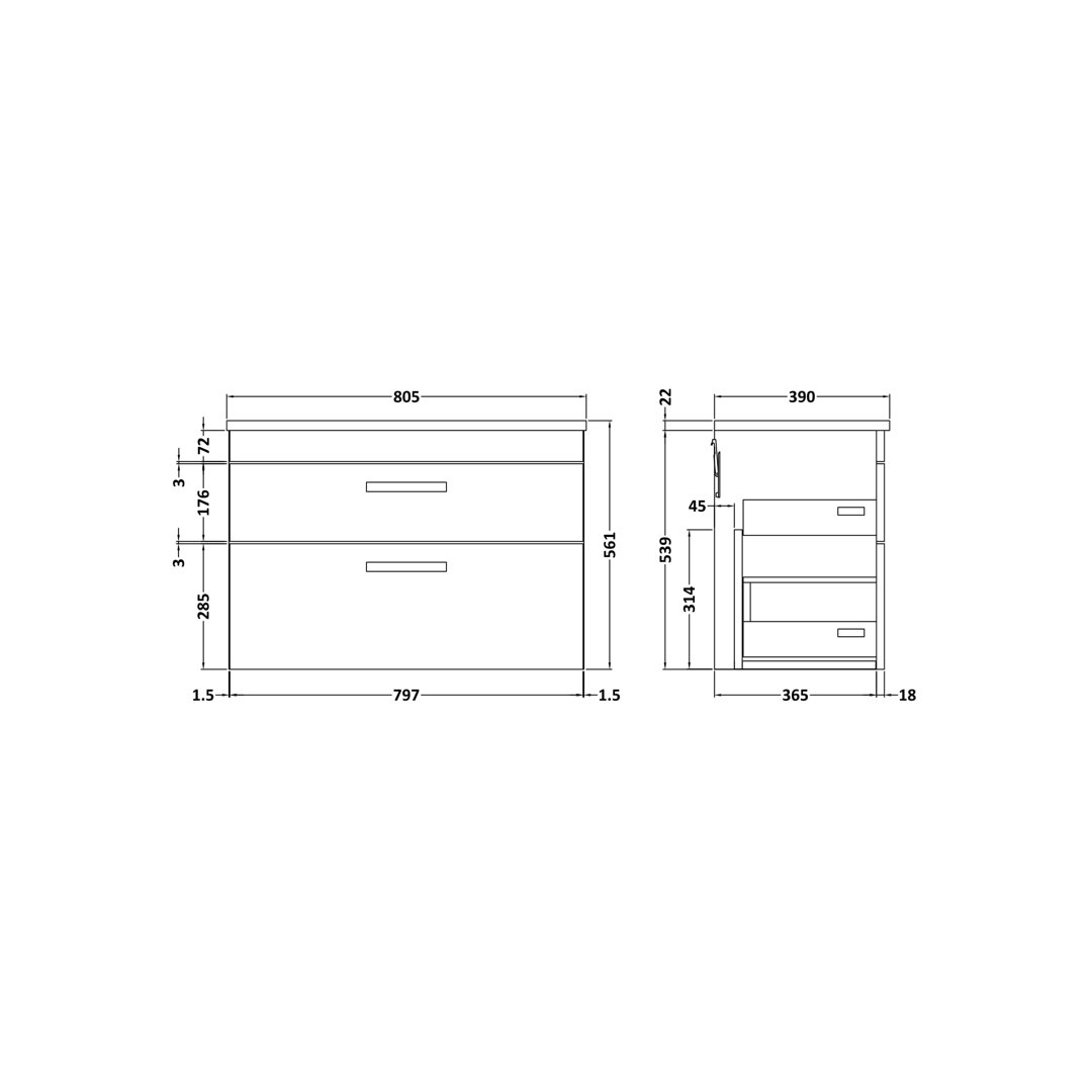 Nuie Gloss Grey Athena Wall Hung 2 Drawer Vanity Unit With Bellato Grey Worktop | | Mdf | 800Mm - Image 3