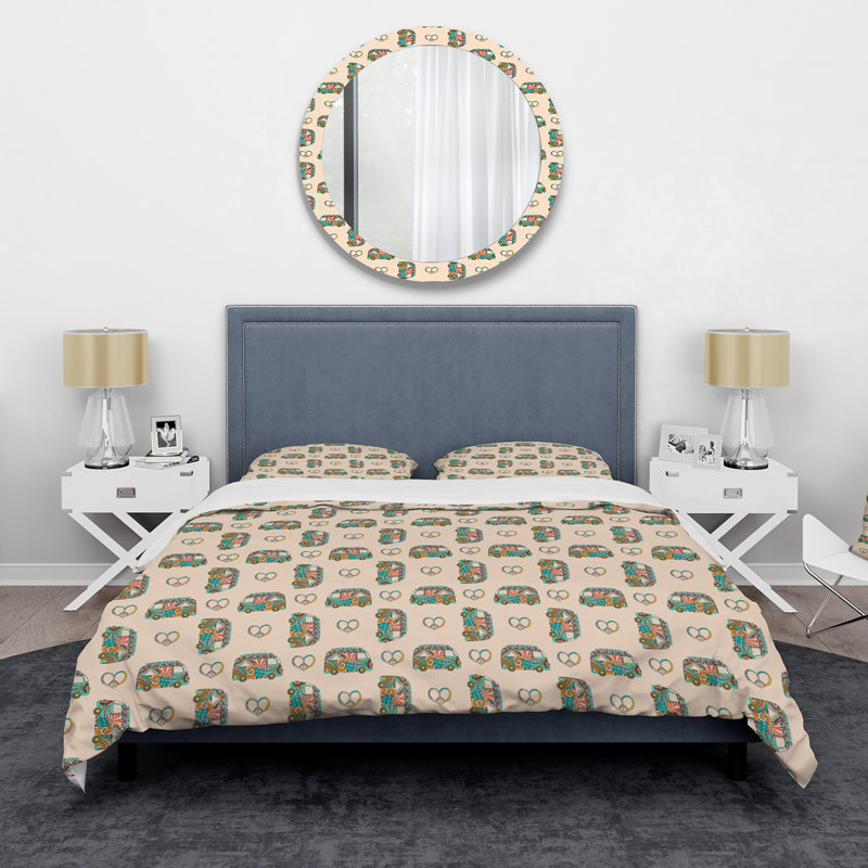 Hippie Camper Bus and Peace Sign - Ensemble de housse de couette bohémien - Microfibre de polyester