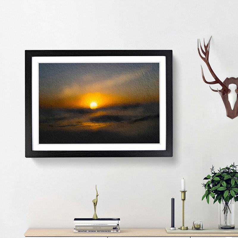 Sunset in Honolulu Hawaii - Picture Frame Painting Print, 48cm H x 65cm W x 2cm D, Black Framed