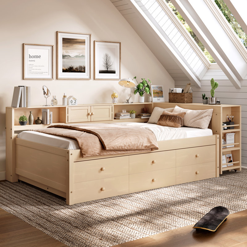 Twin Size Daybed With Trundle,Wood Daybed Frame with Storage Drawers,Side Shelves and Desk,Golden., Gold, Twin
