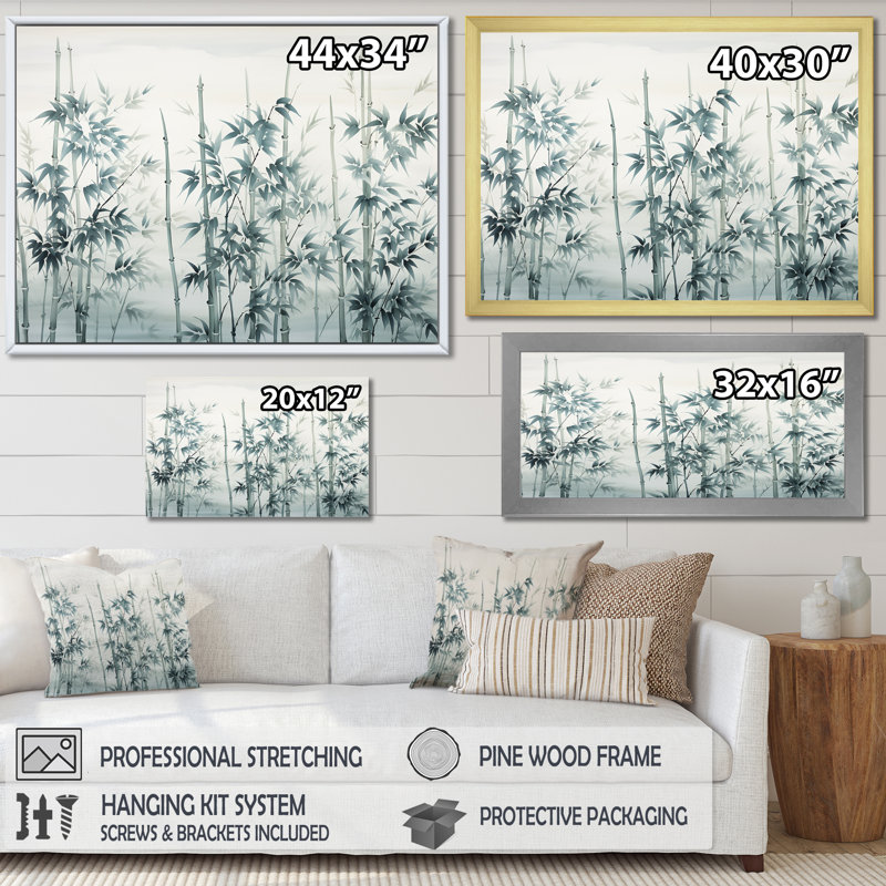 Gris et vert bambou tranquillité I - art mural Chine, Cadre flottant noir, H 24 po x l 32 po x P 1 po