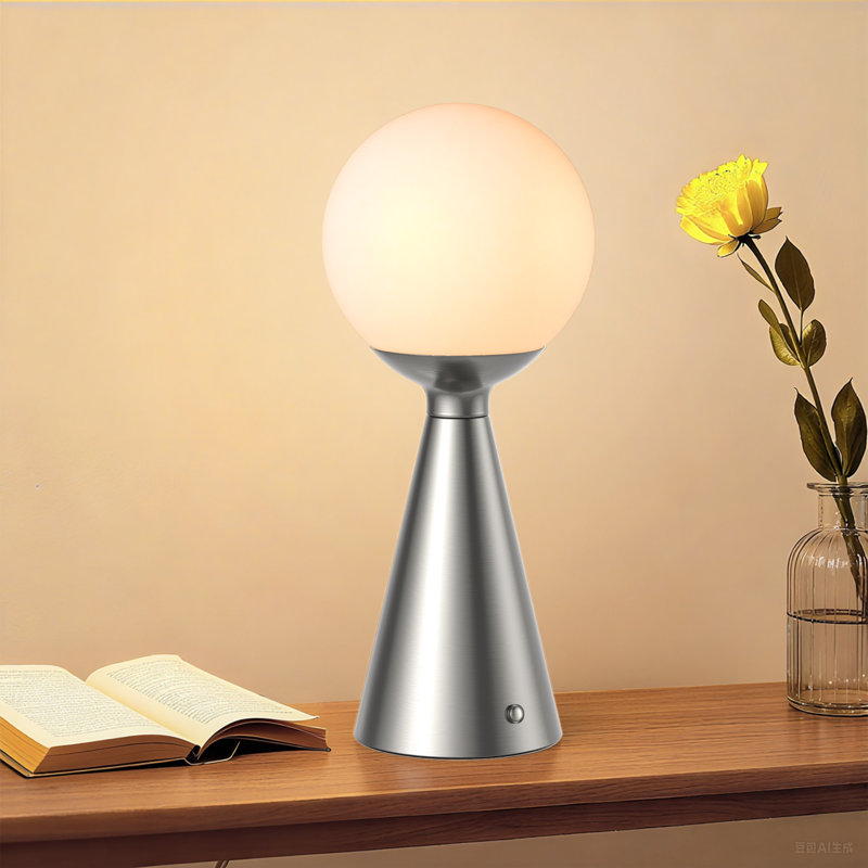 13" Modern Rechargeable Touch Led Table Lamp With Round Shade And Usb-C Charging, Polished Nickel