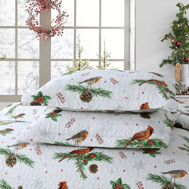 Queen White Christmas Cardinals Polyester Quilt Set