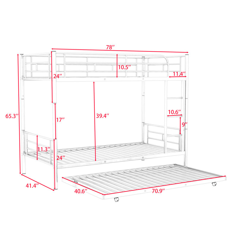 Twin Over Twin Metal Standard Bunk Bed With Twin Size Trundle, Silver
