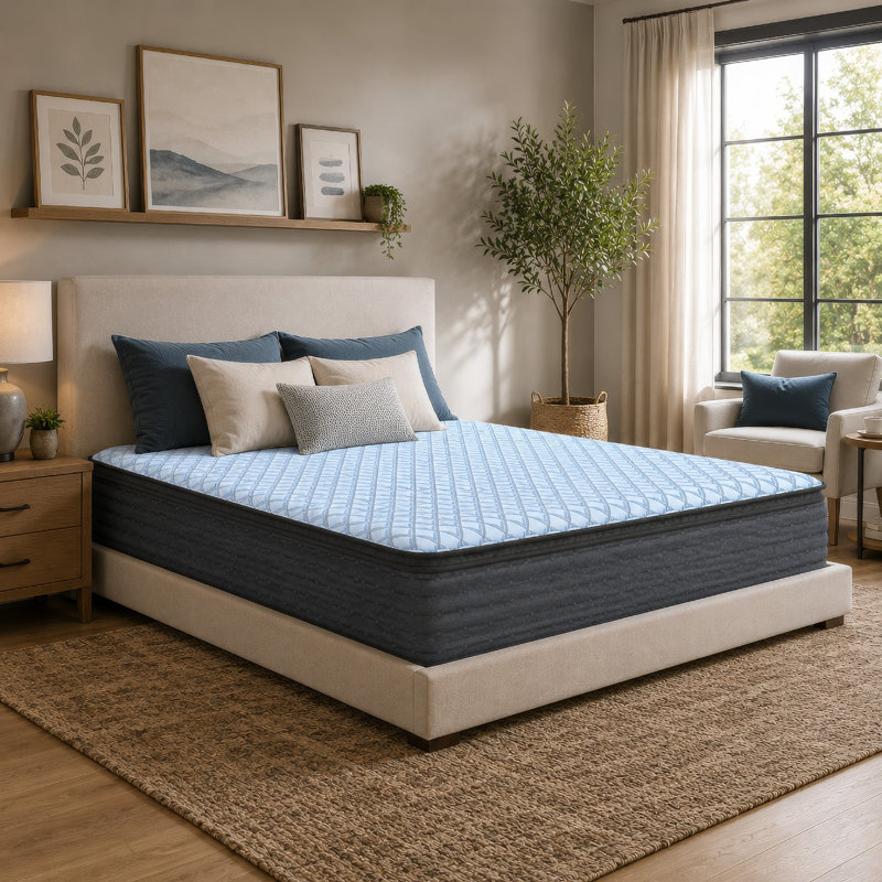 Demirel King Pillow Top Mattress, Quilt Foam, Blue Stretch Knit Fabric 16 Inch, King