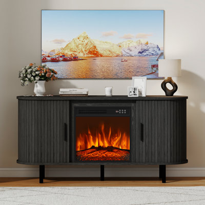 Meuble télé 55 po pour téléviseur pour téléviseur de 65 po ou moins avec foyer électrique de 18 po et console incurvée avec portes coulissantes pour le salon