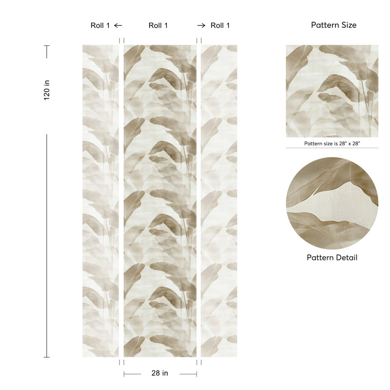 Papier peint adhésif à motif de feuilles de bananier tropical beige et blanc