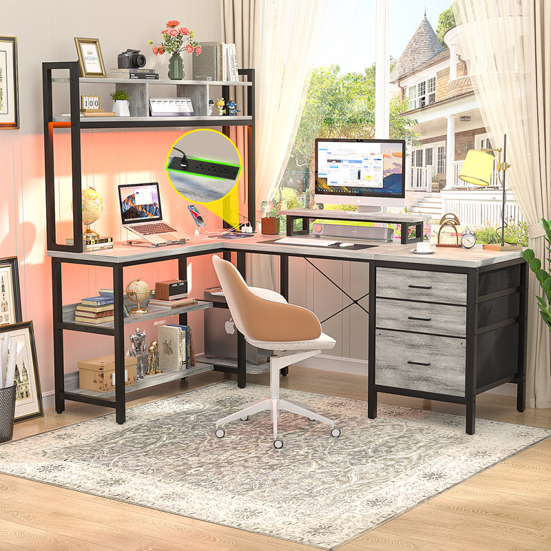 Shelburne 58.7'' W L-Shaped Computer Desk with Tall Hutch,Corner Desk, White Oak
