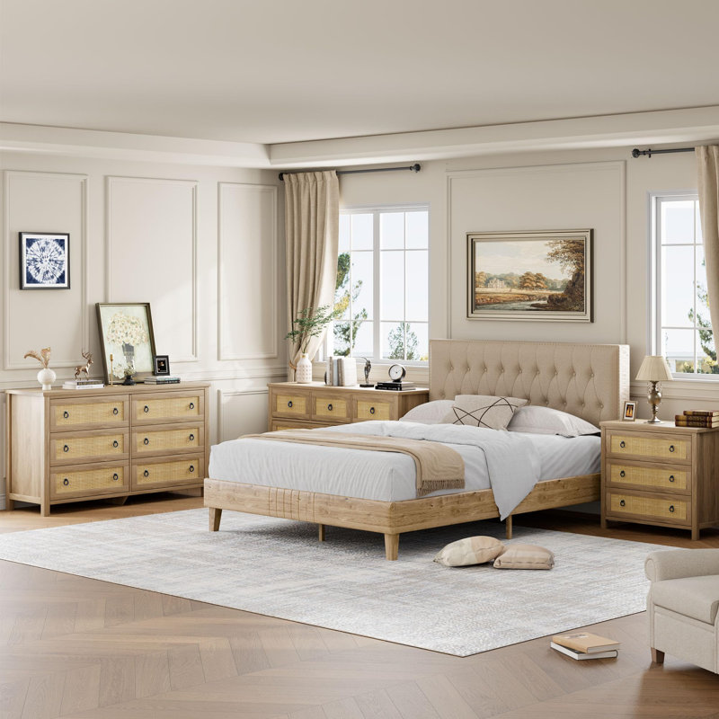 Commode à tiroirs pour chambre à coucher, commode en rotin, commode Boho, commode en bois avec armoire de rangement pour vêtements