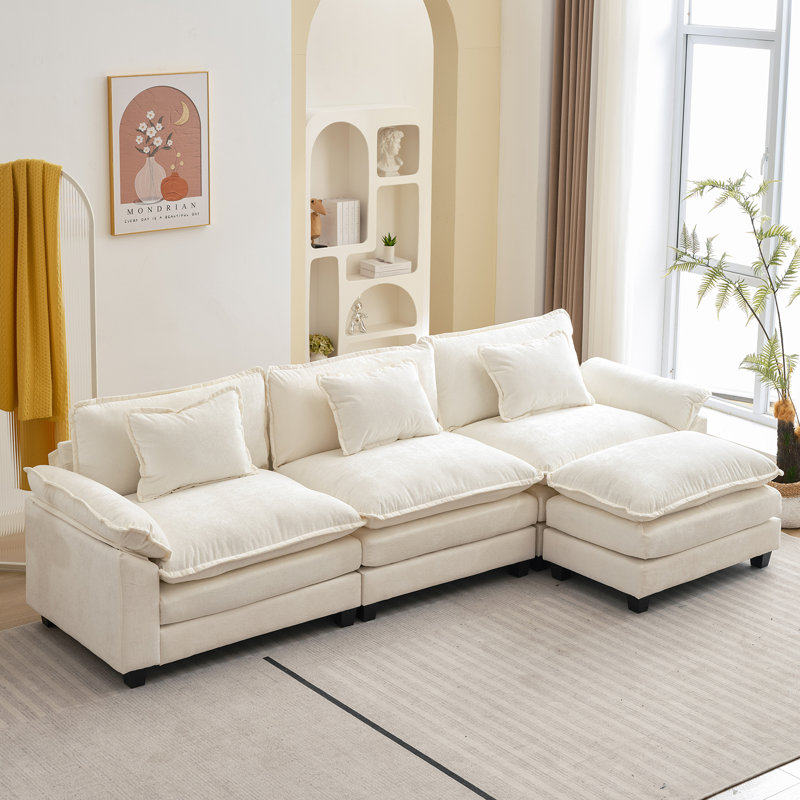 120" Sectional Sofa Comfy Cloud Couch for Living Room Modern Sofa Sleeper Deep Couches with Ottoman, Cream White Chenille