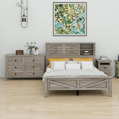 Ensemble de chambre à coucher 3 pièces, lit plateforme, table de chevet et commode avec rangement, cadre de lit avec double tête de lit à porte coulissante et station de charge