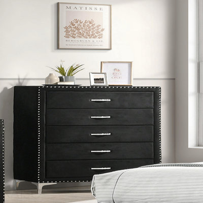 1pc Glam Style Five Drawers Chest Fabric Upholstered Nailhead Tufted Wood Metal Fabric Bedroom Furniture