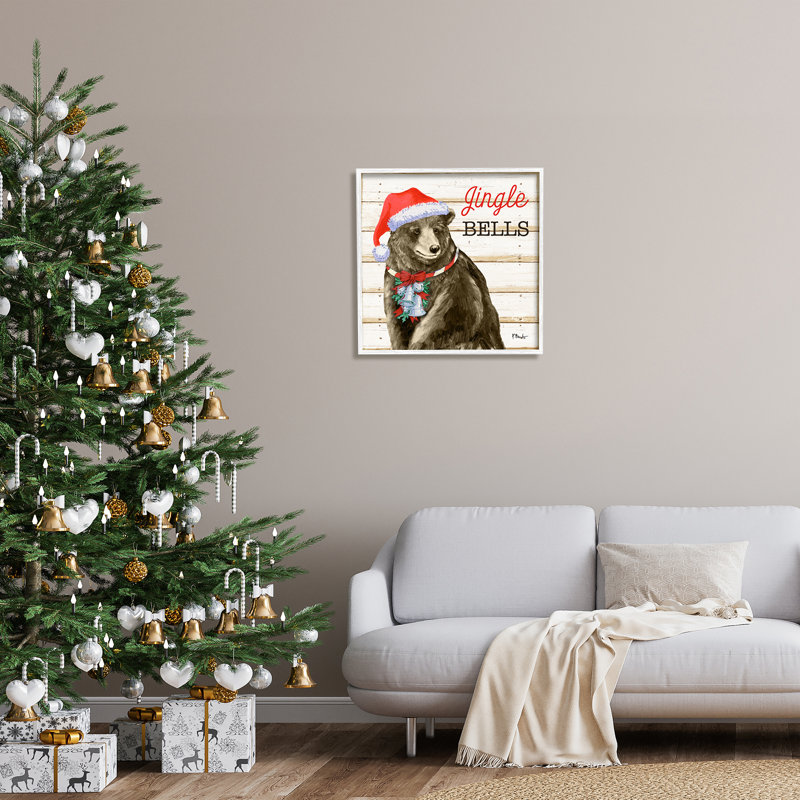 Rustic Jingle Bells Bear par Paul Brent, Giclée encadrée blanc bord de mer, H 24 po x l 24 po x P 1,5 po