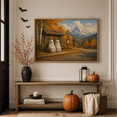 Deux fantômes assis à un arrêt d'autobus près de l'automne - Tableau sur toile pour l'Halloween