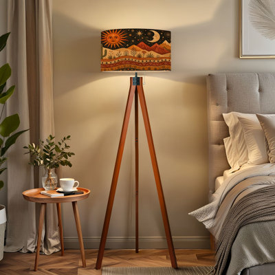  Tripod Standing Lamp Desert Landscape Boho Art Sun, Moon, Mountains Illustrated Style Remote Controlled Dimmable LED Floor Lamp with Beech Wood Legs & Detachable Linen Shade for Farmhouse Apartment Living Room and Bedroom