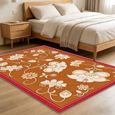 Tapis à motif floral orange pour le salon, doux et confortable, convient à toutes les saisons, facile à entretenir, tapis de sol intérieur lavable à la machine, sous la table de ferme convenant à la chambre à coucher, à la salle à manger, au bureau, au balcon, au patio
