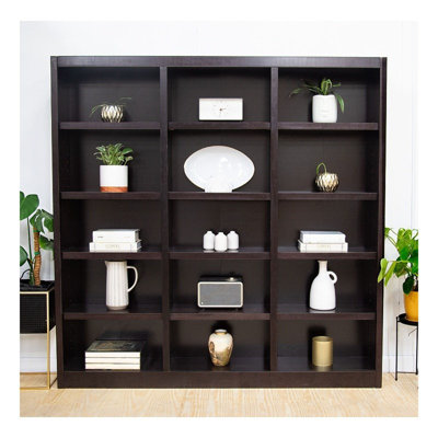 15 Shelf Triple Wide Wood Bookcase 72"Wx72"H in Espresso