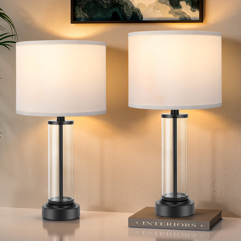 23'' Modern Glass Table Lamp Set with 3-Way Touch Control and USB A&C, Black