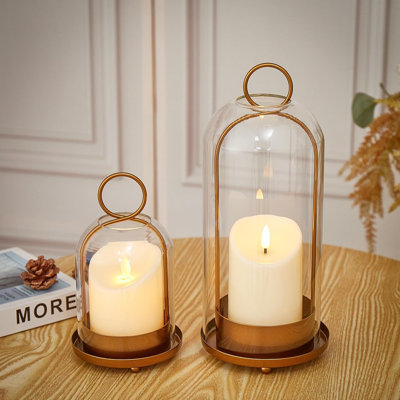 Bougeoir et cloche à plantes vintage en laiton avec cloche en verre, ensemble grand et petit (13 cm x 30 cm, 10 cm x 19 cm), supports de bougeoirs en métal pour lanterne à bougie pilier avec cloche en verre épais faite à la main, style industriel, décoration intérieure moderne