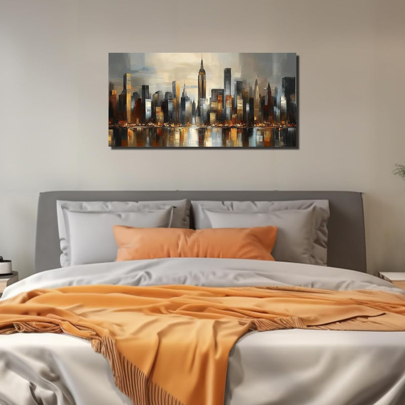 Art mural de la ville pour le salon, impression murale sur toile or et gris pour chambre à coucher, impression de paysage urbain moderne, taille 40 x 20 pouces