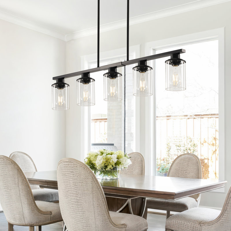 Luminaire d'îlot linéaire noir moderne avec abat-jours cylindriques en verre, Noir mat