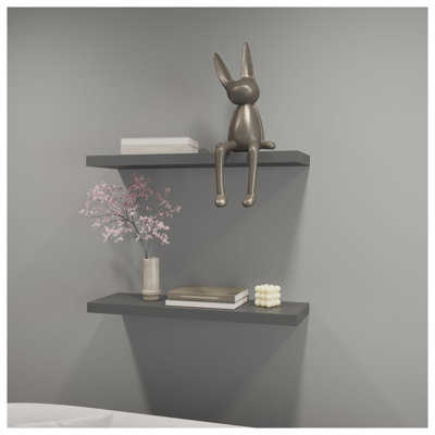 Iva Floating Wall Shelf Set of 2, Matte Gray Melamine Storage Shelves for Living Room
