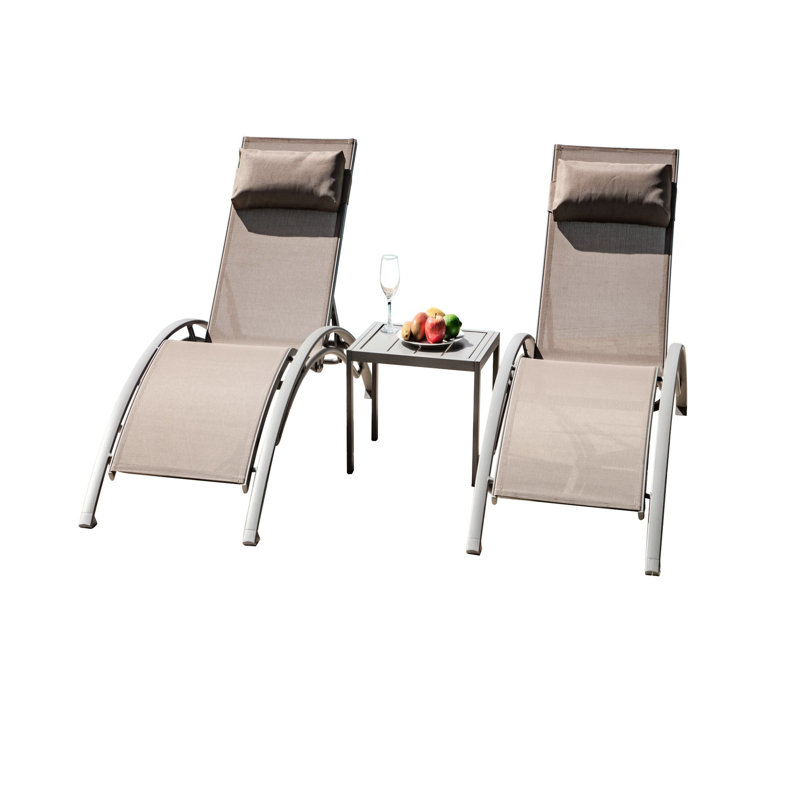 3 Pool Lounge Chair - Adjustable Rustproof Aluminum Outdoor Chaises With Side Table For Lawn Deck Poolside Backyard 5 Positions, , Khaki Tone Chaise Chairs Fabric And Metal Area