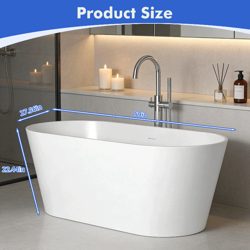 59" x 27.56" Freestanding Soaking Acrylic Oval Bathtub