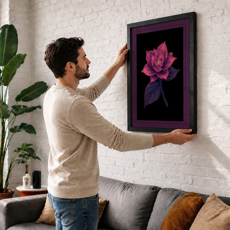 Lotus in Magenta Botanical - Framed Print, A2 - 59.4 x 42.0 cm, Black