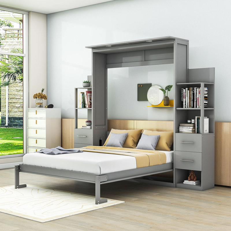 Lit escamotable multifonctionnel avec tablettes, tiroirs et lumières DEL Joean, gris, Grand