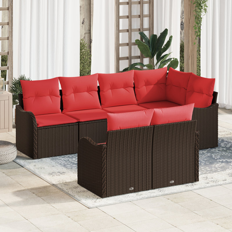 vidaXL Garden Sofa Set Brown Poly Rattan, Brown Frame/Red Cushion