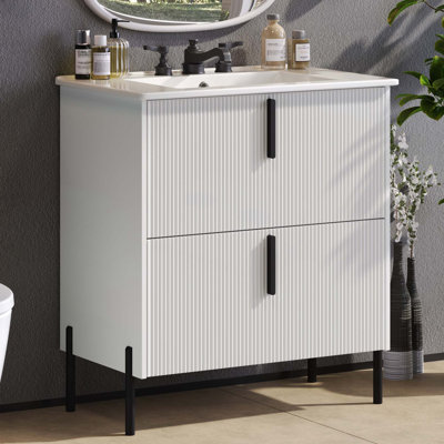 Meuble-lavabo de 30 pouces avec lavabo en céramique, tiroirs à extension complète et conception cannelée pour salles de bain modernes et traditionnelles