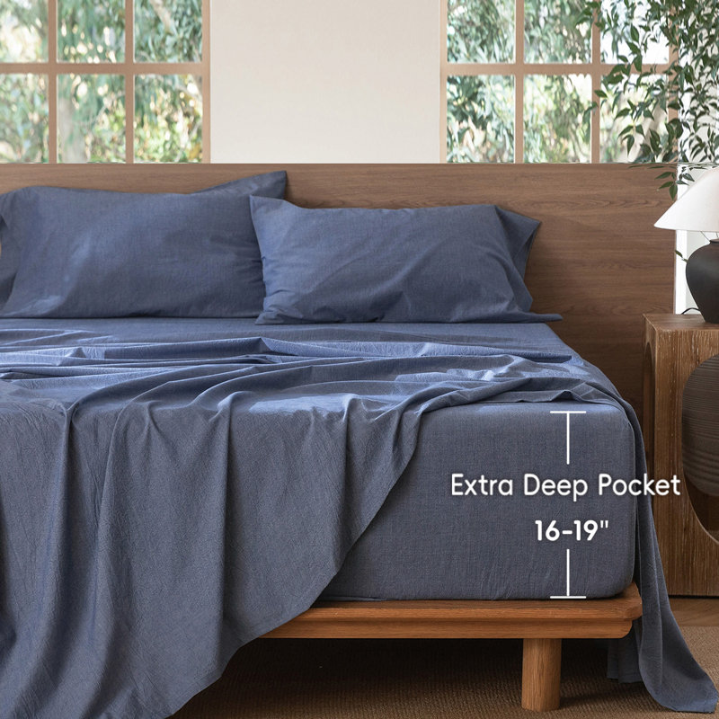 MooMee Fitted Sheet Only Extra Deep Pocket 100% Washed Cotton Linen Like Textured Lightweight Breathable, Queen , Denim Blue