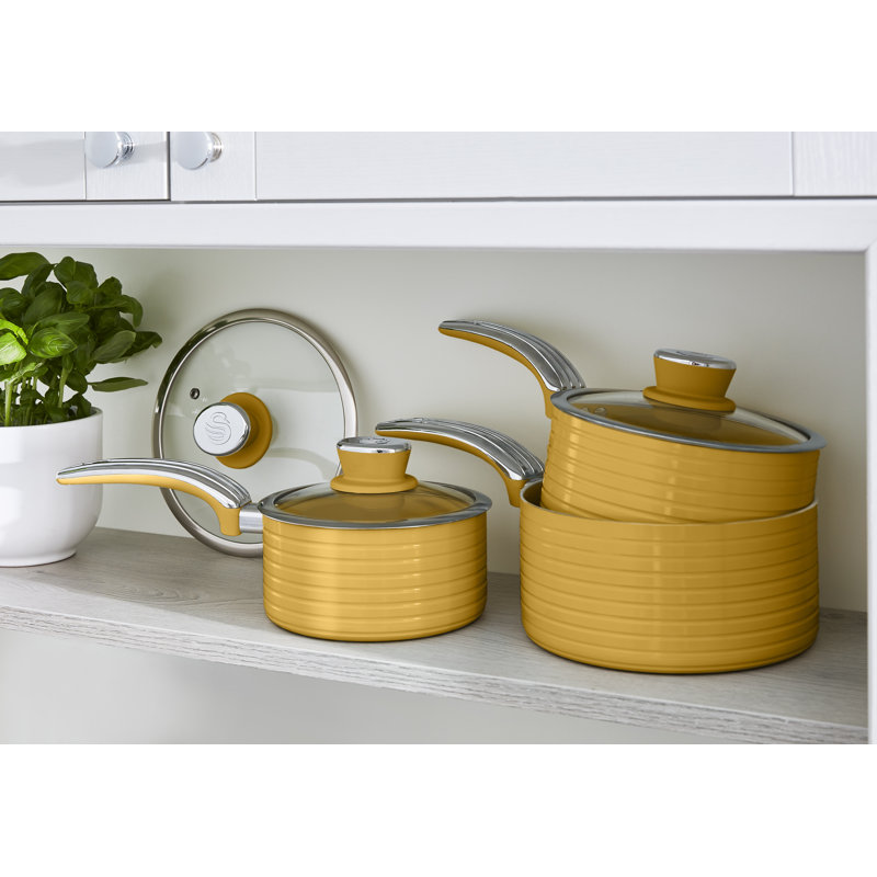 Swan Retro 3 Piece Saucepan Set, Yellow