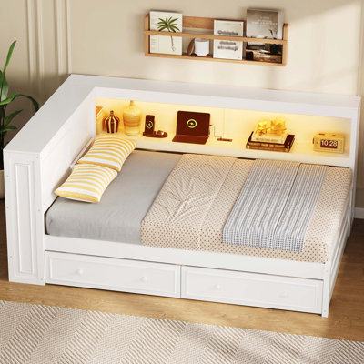 Full Size Wood Modern Daybed With Organizer Shelves, USB Charging System, LED Lighting And Dual Built In Drawers, White
