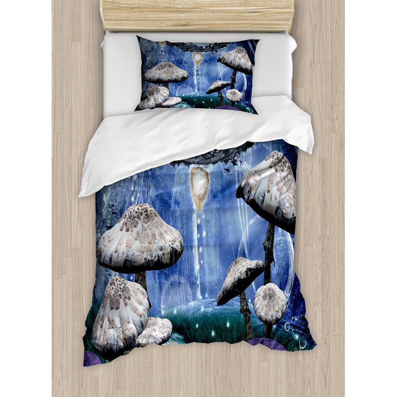 Polyester Floral Duvet Cover, Twin Duvet Cover + 1 Pillow Sham, Dreamy Forest Mushroom