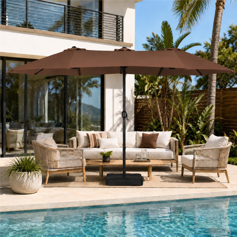 Parasol de patio rectangulaire de 15 pi x 9 pi avec base triple Harworth, Brun