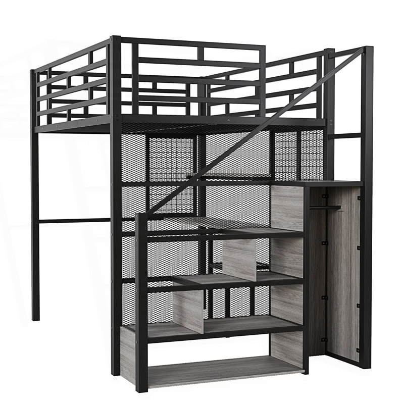 Lit mezzanine double en métal avec garde-robe, bureau et tablettes de rangement, Noir